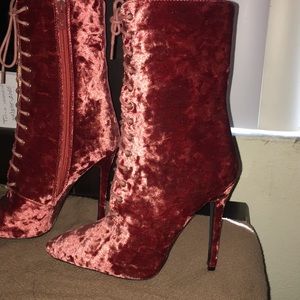 Pink velvet heeled boots